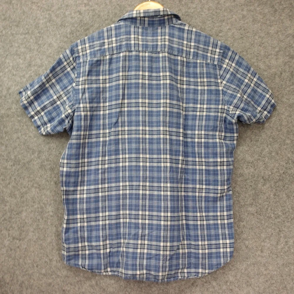 Banana Republic Linen Shirt Mens LARGE Blue Madras Plaid Slim Fit Camp Collar